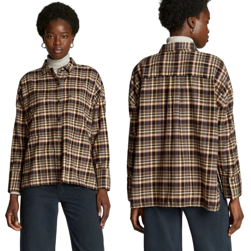 Everlane Brown Multi Plaid Collared Button Down T… - image 1